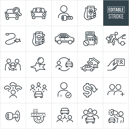 A set of car pooling icons that include editable strokes or outlines using the EPS vector file. The icons include a search for a carpool or rideshare, two people carpooling, driver with a car key, booking a ride on a smartphone, destination marker, ride in front of home, hand holding drivers license, lower cost, road, and people riding in the same car among others.