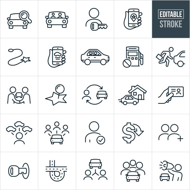 Carpooling Thin Line Icons - Editable Stroke A set of car pooling icons that include editable strokes or outlines using the EPS vector file. The icons include a search for a carpool or rideshare, two people carpooling, driver with a car key, booking a ride on a smartphone, destination marker, ride in front of home, hand holding drivers license, lower cost, road, and people riding in the same car among others. car pooling stock illustrations