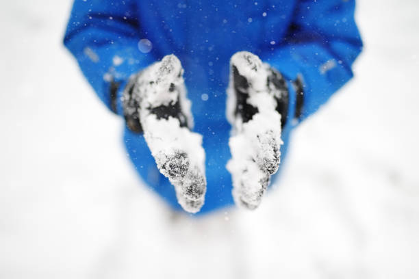 新雪で遊んで楽しんでいる小さな男の子。雪合戦。雪で手袋のクローズアップ。雪の冬の日に子供のためのアクティブな屋外レジャー。 - 11327 ストックフォトと画像