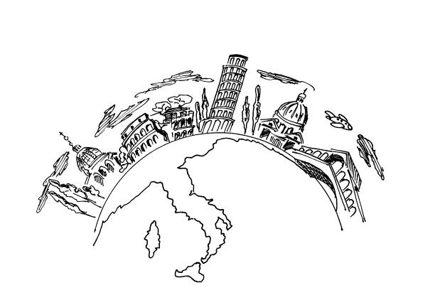 ilustrações, clipart, desenhos animados e ícones de pontos turísticos das cidades da itália, roma, veneza, torre inclinada de pisa, em um mapa mundial estilizado, globo. imagem vetorial - cupola