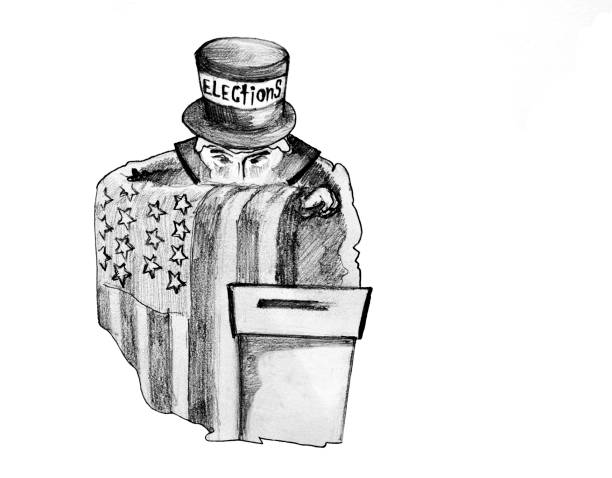 A man in a top hat covers his face with the American flag. A man and a ballot box for elections. Vector drawing.