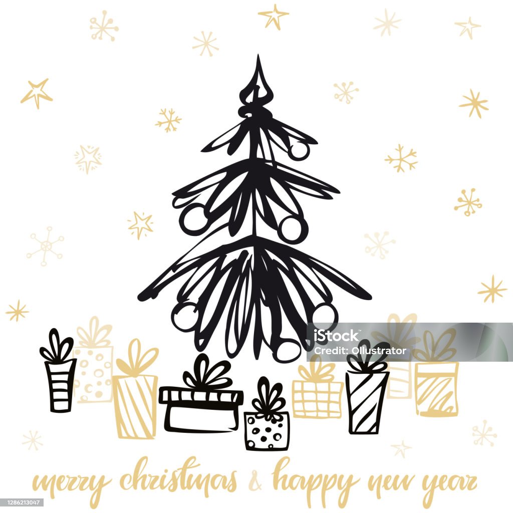 Holiday Card with christmas presents under the tree. Vector illustration. Christmas tree with christmas gifts and Merry Christmas lettering and snowflakes in the background. Christmas stock vector