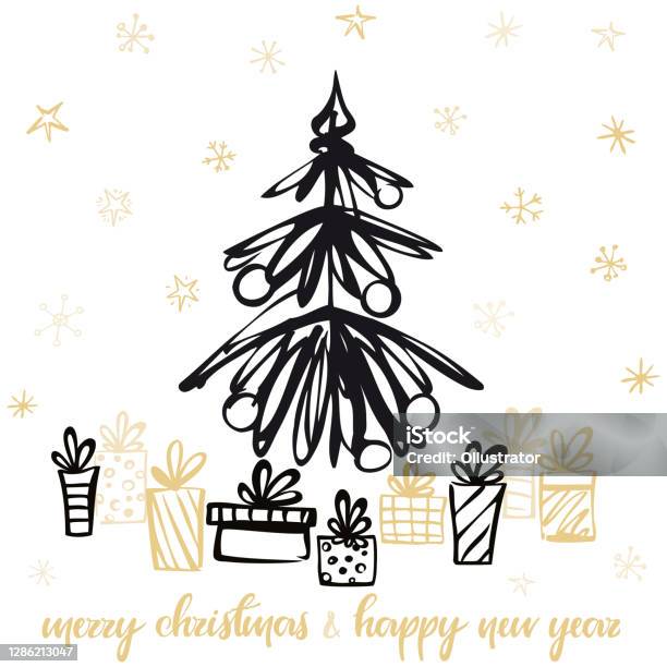 Holiday Card With Christmas Presents Under The Tree Vector Illustration Stock Illustration - Download Image Now