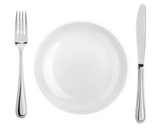istock Empty plate, fork, knife, clipping path, cutlery isolated on white background, clipping path, top view 1286213336