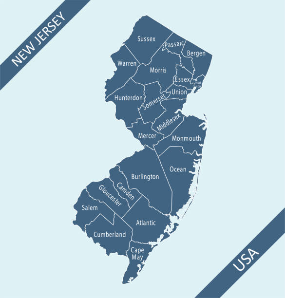 New Jersey county map Highly detailed downloadable map of New Jersey counties state of United States of America for web banner, mobile, smartphone, iPhone, iPad applications and educational use. The map is accurately prepared by a map expert. essex england illustrations stock illustrations