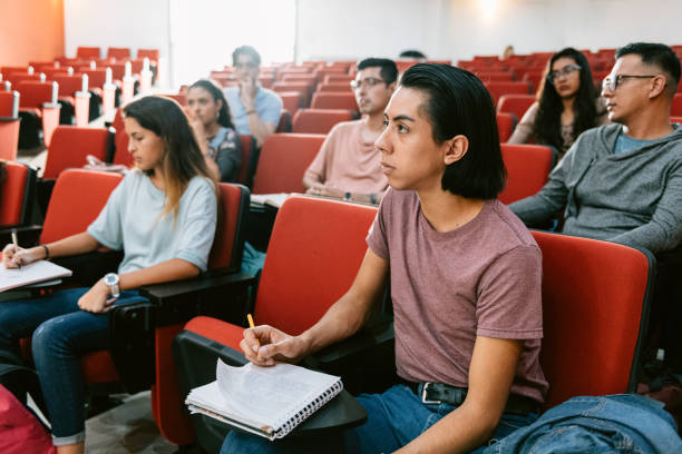 istock Socially distanced lesson in university lecture hall 1286221191