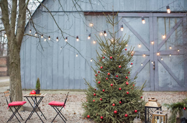 istock Christmas outdoor terrace with table chairs 1286221281