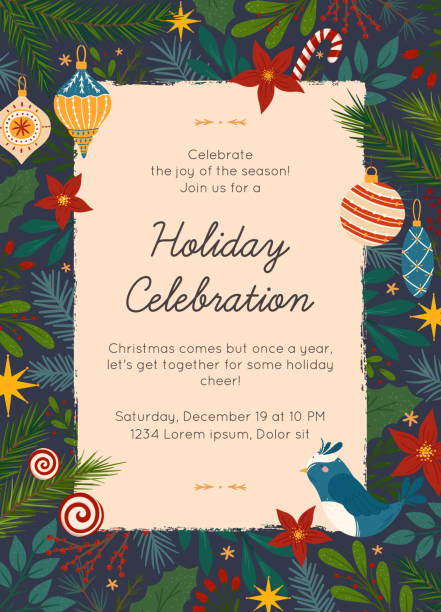 Christmas and Happy New Year party invitation template Christmas and Happy New Year party invitation template.Modern vector layout with hand drawn traditional winter holiday symbols.Xmas trendy design for banners,invitations,prints,social media. frame border backgrounds stock illustrations