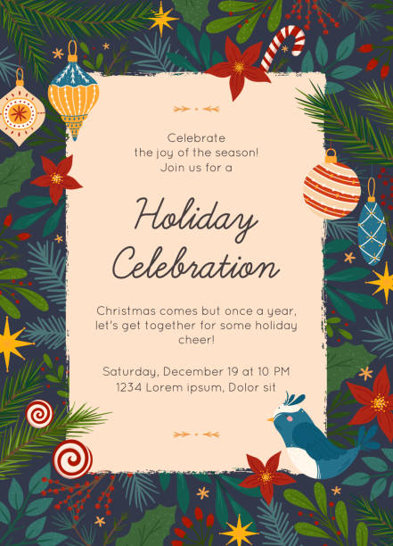 Christmas and Happy New Year party invitation template Christmas and Happy New Year party invitation template.Modern vector layout with hand drawn traditional winter holiday symbols.Xmas trendy design for banners,invitations,prints,social media. christmas card template stock illustrations