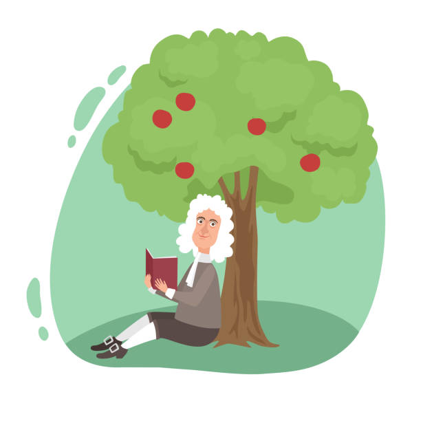 illustrazioni stock, clip art, cartoni animati e icone di tendenza di sorridente scienziato newton lettura libro sotto la mela dell'albero - scientist science physicist mathematician