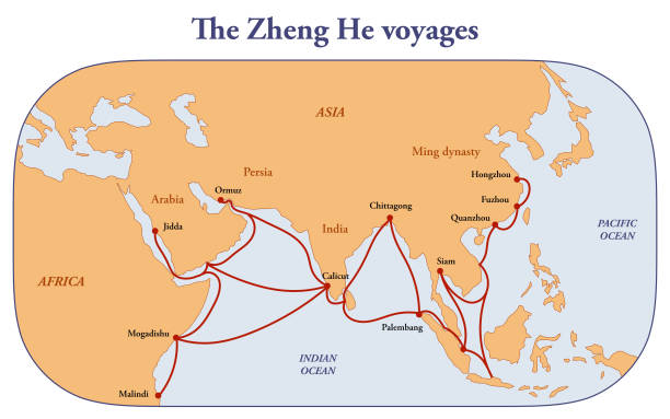 The voyages of Zheng He Map of the voyages of Chinese explorer Zheng He zheng he map stock illustrations