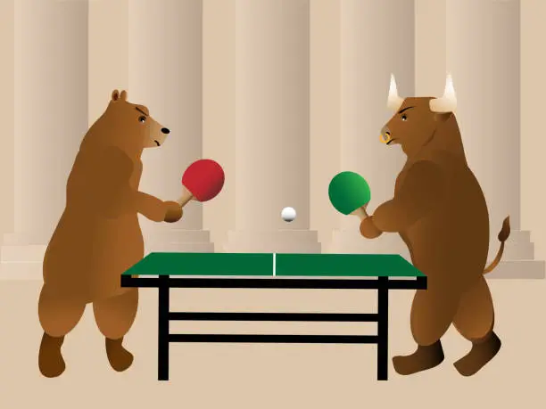 Vector illustration of Bear and bull play ping pong