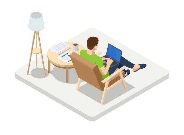 istock Isometric business man working at home with laptop and papers on desk. Freelance or studying concept. Online meeting work form home. Home office. 1286228796