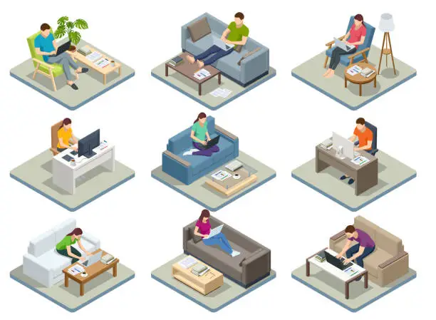 Vector illustration of Isometric business man amd woman working at home with laptop and papers on desk. Freelance or studying concept. Online meeting work form home. Home office.
