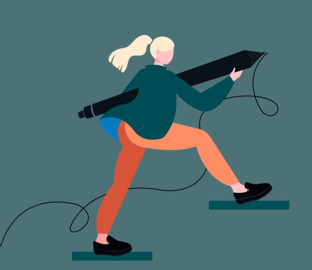 Vector illustration of a graphic designer striding the corporate ladder forward. vector art illustration