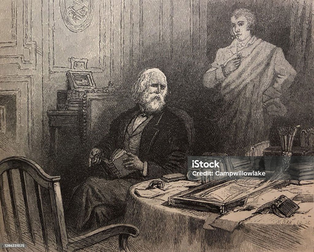 Antique illustration - senior man with white hair and white beard sitting hear a table with a book in his lap - male ghost is in background Antique illustration Engraved Image stock illustration