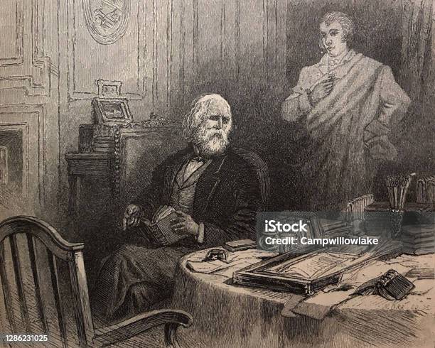 Antique Illustration Senior Man With White Hair And White Beard Sitting Hear A Table With A Book In His Lap Male Ghost Is In Background Stock Illustration - Download Image Now