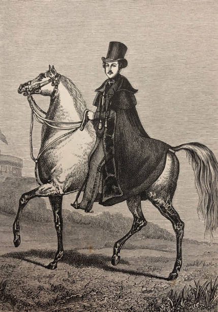 античная иллюстрация - принц альберт носить tophat верхом на белом коне - принц альберт, как поле маршалл - marshal arts stock illustrations