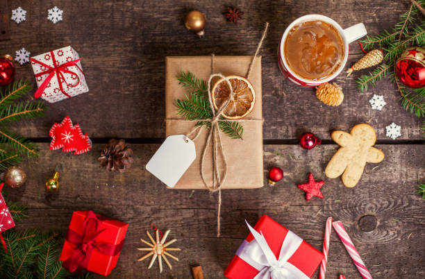 istock Handmade wrapped christmas gift boxes on celebrate background. 1286231947
