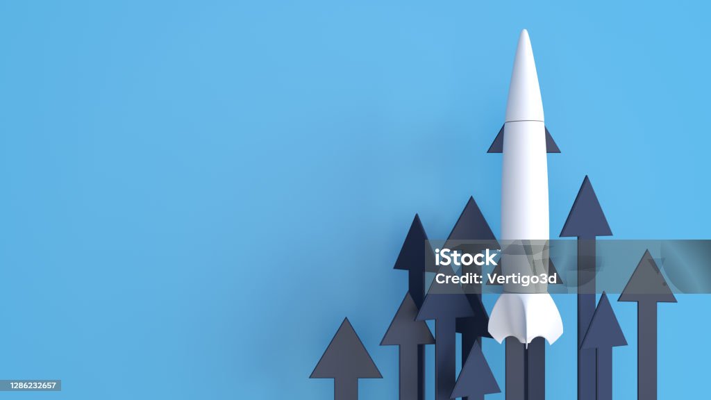 Abstract 3d arrows with rocket 3d concept group of arrows to the moon Rocketship Stock Photo