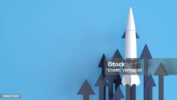 Abstract 3d Arrows With Rocket Stock Photo - Download Image Now - Rocketship, Growth, Taking Off - Activity