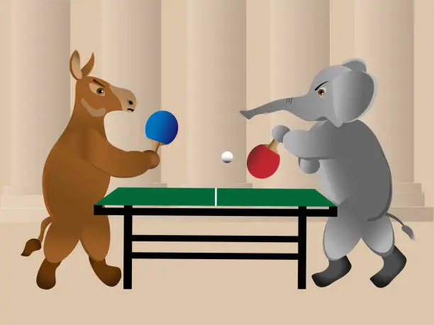 Vector illustration of Donkey and elephant play ping-pong