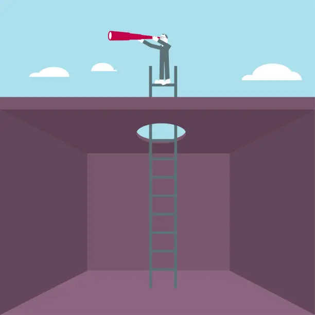 Vector illustration of A man climbed out of the enclosed room from the ladder and observed with a telescope.