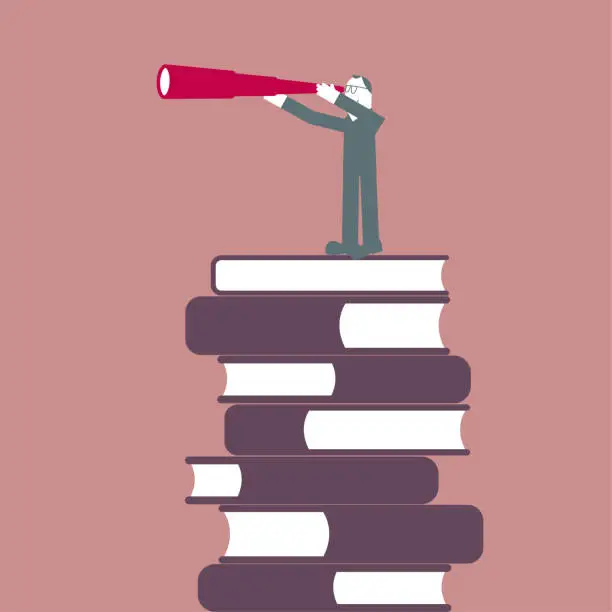 Vector illustration of A man stands on the book and observes with a telescope.