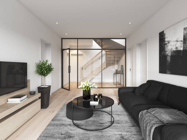 Modern living room Modern living room. Render image. house railing stock pictures, royalty-free photos & images