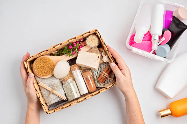 istock Preparing self care package, seasonal gift box with zero waste cosmetics vs industrial plastic products 1286243701