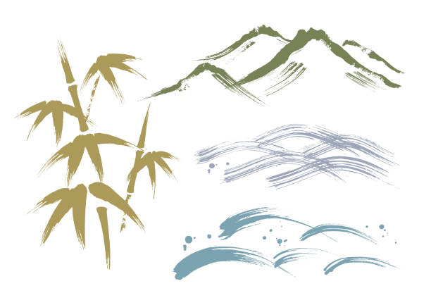 Japanese old scenery by brush Japanese old scenery by brush bamboo leaf stock illustrations