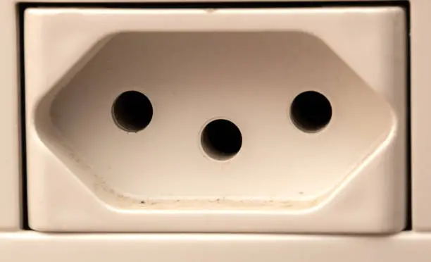 Close-up shot of a type N plug. This is the standard socket used in Brazil and South Africa.
