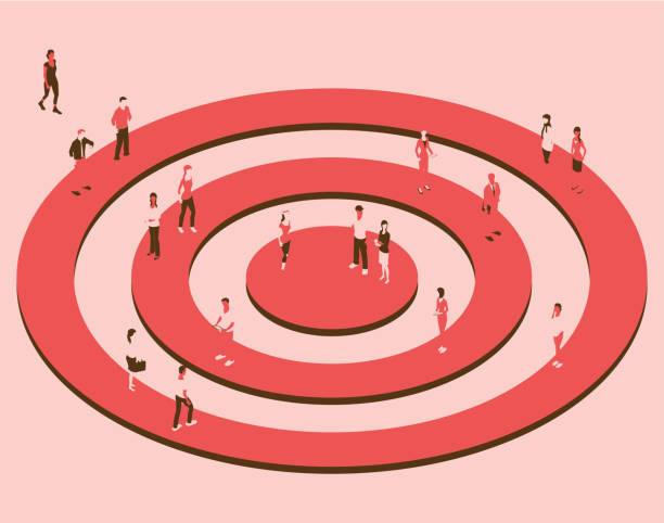 Target with people in a red color palette Illustration of a target shape is shown with people in isometric view, using a red color palette. target market illustrations stock illustrations