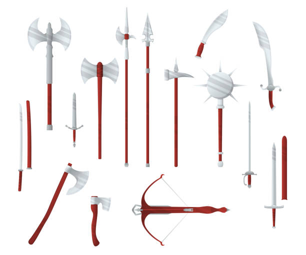 istock Medieval war type of weapon, set concept icon crossbow, sword, axe, pike mace and katana old cold weaponry flat vector illustration, isolated on white. 1286249885