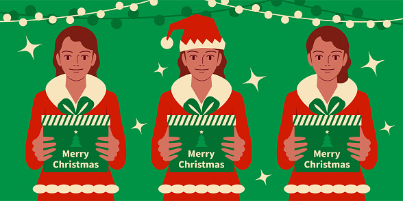 Christmas Characters Vector Art Illustration.
Three smiling beautiful teenage girls dressed in a Santa Claus suit holding a Christmas present, gift box.