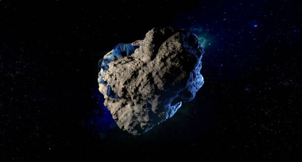 asteroide nello spazio esterno con sfondo lunare - cratere meteoritico foto e immagini stock