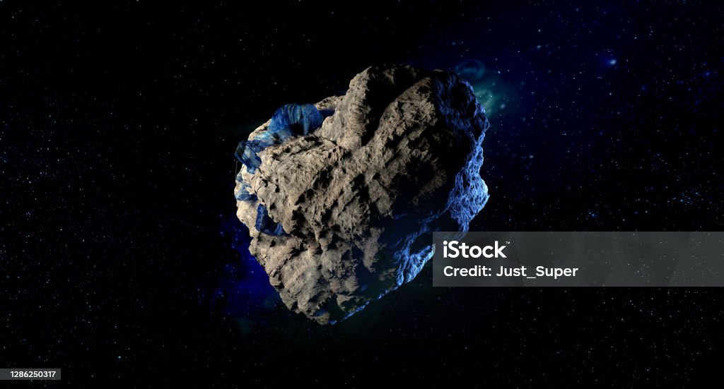 Asteroid In Outer Space With Moon Background Outer Space, Asteroid, Dirt, Planetary Moon, Accidents and Disasters Asteroid Stock Photo
