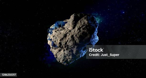 Asteroid In Outer Space With Moon Background Stock Photo - Download Image Now - Asteroid, Meteorite, Meteor Crater