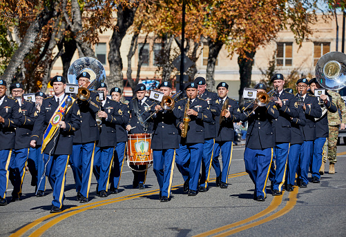Prescott, Arizona, USA, - November 11, 2020: Army National Guard marching band in uniform in the Prescott, Arizona Veteran's Day Parade