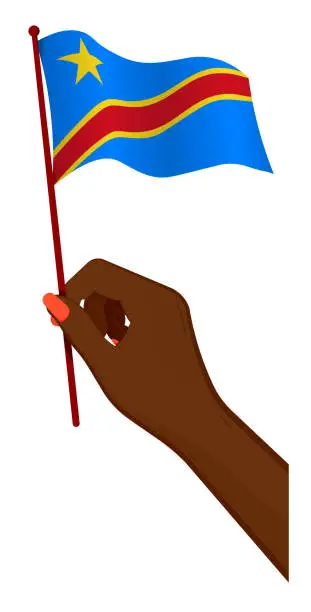 Vector illustration of Female hand gently holds small Republic of Congo flag. Holiday design element. Cartoon vector on white background