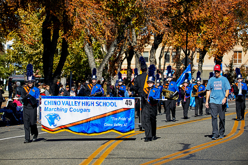 Prescott, Arizona, USA, - November 11, 2020: Chino Valley High School Marching Band  in the Prescott, Arizona Veteran's Day Parade