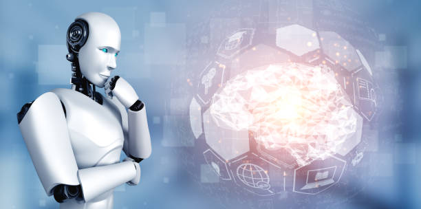 istock Thinking AI humanoid robot analyzing hologram screen showing concept of AI 1286255602