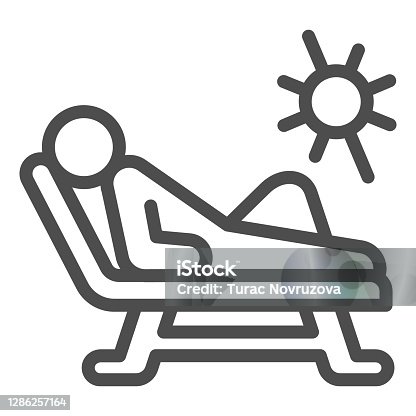 istock Beach chair and a man relaxing in sun line icon, Aquapark concept, Man sunbathing sign on white background, Person relaxing on a chaise longue icon in outline style. Vector graphics. 1286257164