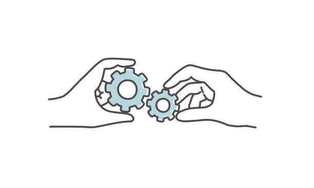 dwie ręce trzymające koło zębate. - gear teamwork human hand equipment stock illustrations