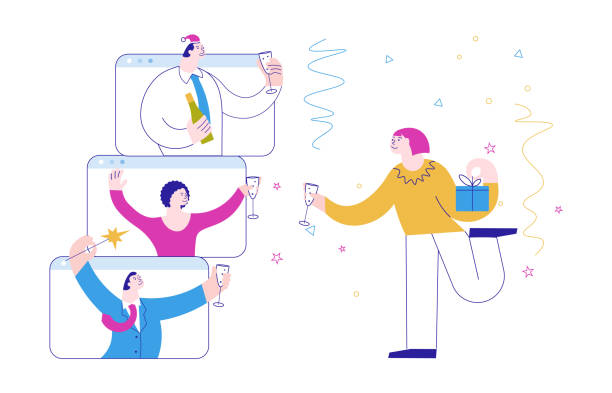 Christmas and New Year party Christmas and New Year party concept. Happy Business people with glasses of champagne having fun time together, celebrate and congratulate each other. Flat Art Vector Illustration office parties stock illustrations