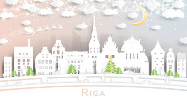 Vector illustration of Riga Latvia City Skyline in Paper Cut Style with Snowflakes, Moon and Neon Garland.