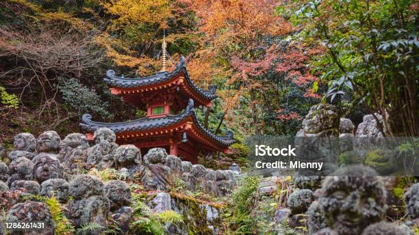 Japanese Buddhist Otagi Nenbutsuji Temple Pagoda Autumn Panorama Kyoto Japan Stock Photo - Download Image Now