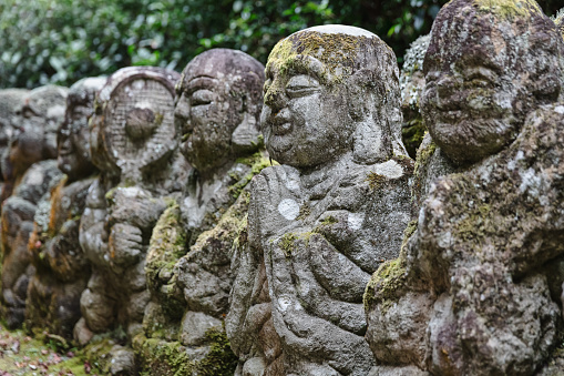 Otagi Nenbutsu-ji, Kyoto, Japan - November 21st, 2018: Moss covered Buddhist Stone Statues Sculptures in a row in the Otagi Nenbutsu-ji, Area representing Hakan. Otagi Nenbutsu-ji, Arashiyama, Kyoto, Japan, East Asia, Asia.