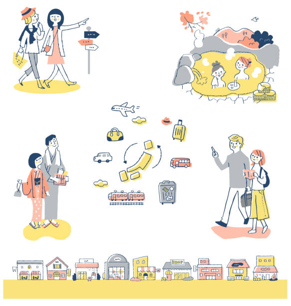 zestaw różnych japońskich podróży dwuosobowych scen - bus family travel destinations women stock illustrations