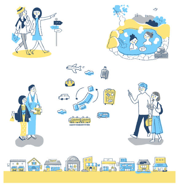 ilustrações de stock, clip art, desenhos animados e ícones de a set of various japanese travel two-person scenes - bus family travel destinations women